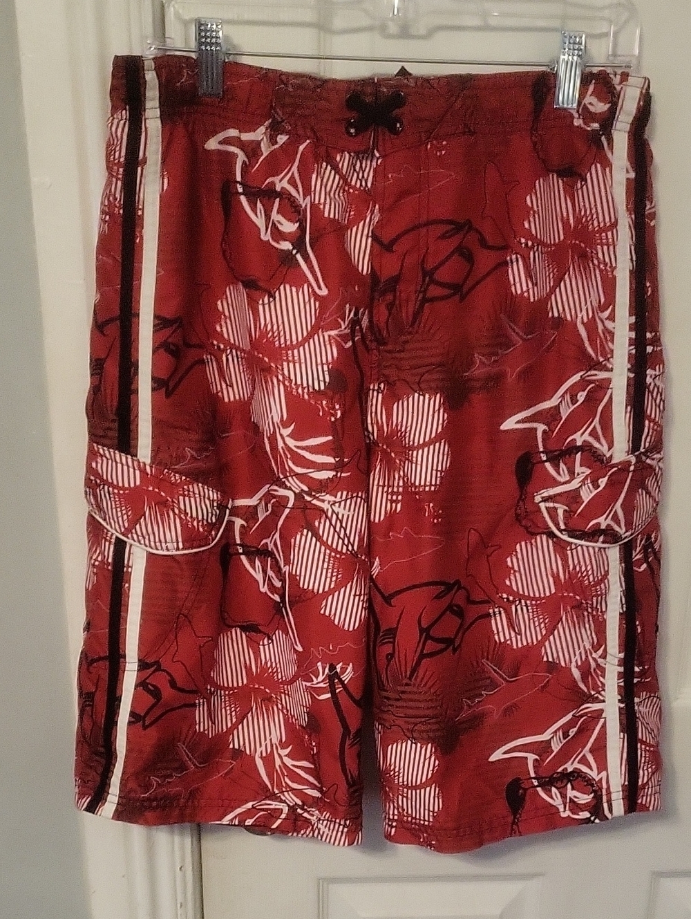 OP Red Floral Cargo Swim Shorts with White Trim